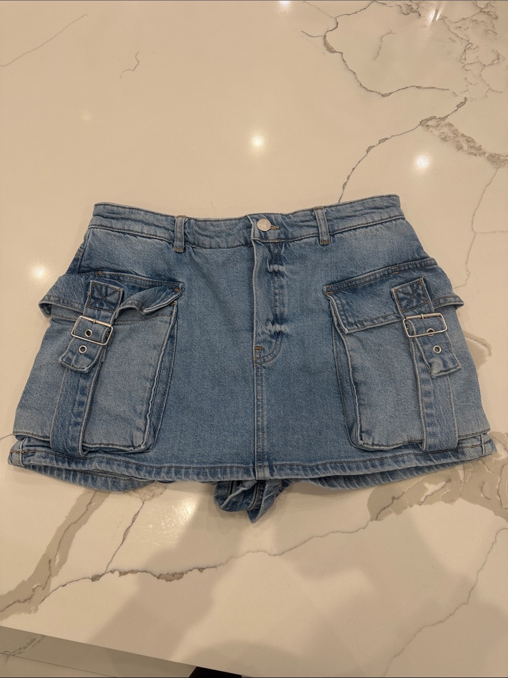 We The Free Light Blue Denim Cargo Skort with Buckle Pocket Details